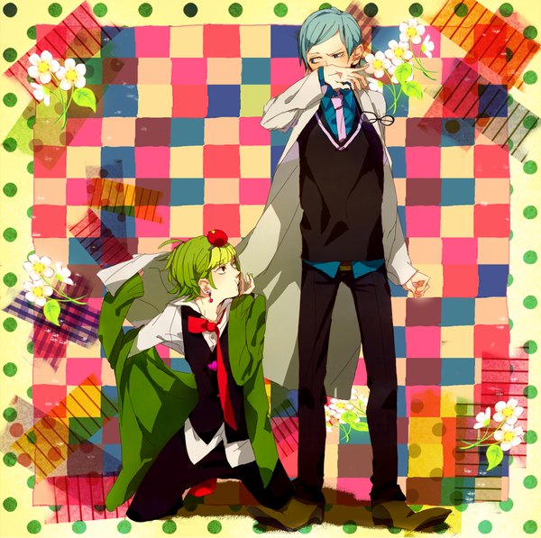 Anime picture 1606x1600 with happy tree friends nutty sniffles (htf) zuzuo (artist) short hair blue eyes blue hair nail polish green hair heterochromia personification boy flower (flowers) earrings shirt glasses necktie pants vest
