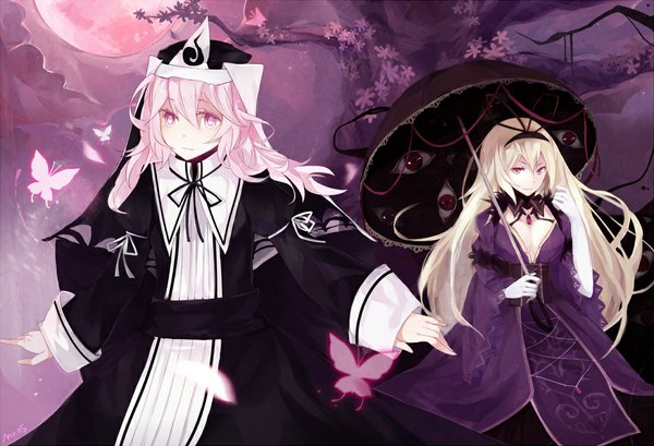 Anime picture 1100x750 with touhou yakumo yukari saigyouji yuyuko mr.05 blonde hair red eyes multiple girls pink hair pink eyes light smile cherry blossoms eyes red moon girl dress gloves 2 girls plant (plants) tree (trees) insect