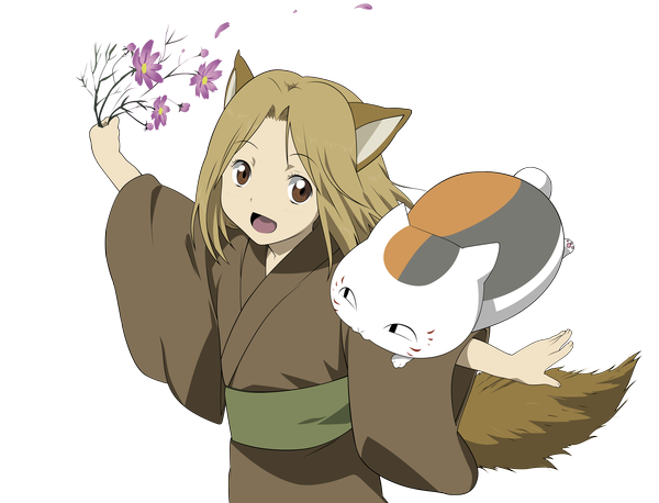 Anime picture 6000x4587 with natsume yuujinchou brains base (studio) madara (nyanko-sensei) kogitsune single long hair highres open mouth smile brown hair brown eyes animal ears absurdres tail japanese clothes fox ears fox tail spread arms transparent background vector