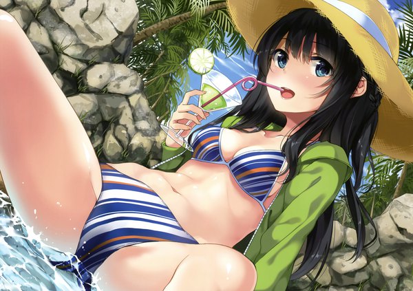 Anime picture 4796x3382 with original unasaka ryou single long hair looking at viewer blush highres breasts open mouth blue eyes light erotic black hair absurdres scan spread legs girl navel swimsuit plant (plants) hat