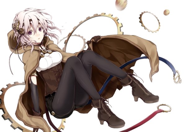 Anime picture 1500x1066 with original arisaka ako single looking at viewer fringe short hair simple background hair between eyes white background brown eyes silver hair full body legs steam punk girl thighhighs hair ornament black thighhighs boots hairband