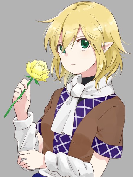 Anime picture 640x853 with touhou mizuhashi parsee taiki (ozone) single tall image looking at viewer short hair simple background blonde hair green eyes pointy ears grey background girl flower (flowers) detached sleeves scarf