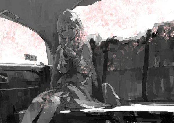 Anime picture 1060x750 with original pomodorosa single long hair sitting monochrome car interior girl dress ground vehicle car