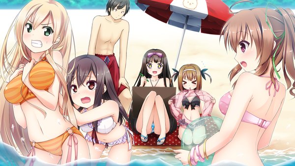 Anime picture 1280x720 with ano ko wa ore kara hanarenai giga kamishiro aoi sakurai yuzuki miyama haruka miyama momiji naruse manami long hair fringe short hair open mouth light erotic black hair blonde hair hair between eyes brown hair wide image standing purple eyes multiple girls