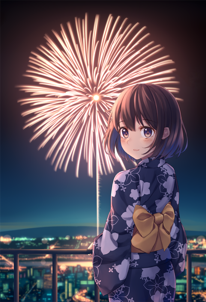 Anime picture 683x1000 with original kawami nami single tall image looking at viewer blush fringe short hair brown hair purple eyes sky outdoors traditional clothes japanese clothes looking back night city floral print horizon cityscape