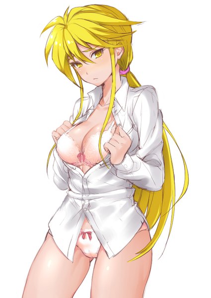 Anime picture 637x900 with tokimeki memorial ijyuin rei akira (natsumemo) single long hair tall image looking at viewer blush fringe breasts light erotic simple background blonde hair standing white background open shirt thighs shiny skin cameltoe low ponytail