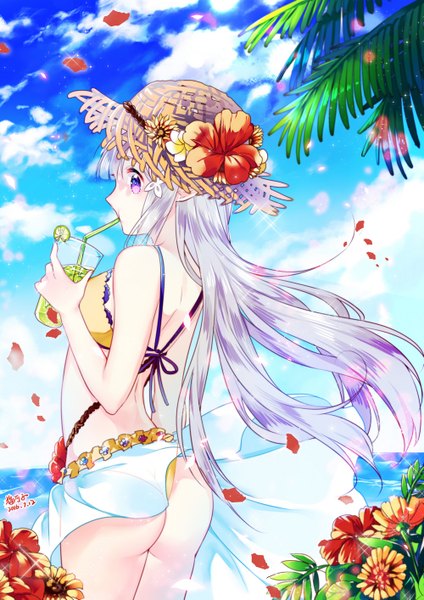 Anime picture 1000x1414 with re:zero kara hajimeru isekai seikatsu white fox emilia (re:zero) maokezi single long hair tall image light erotic purple eyes looking away silver hair cloud (clouds) ass profile wind pointy ears sparkle dated drinking girl