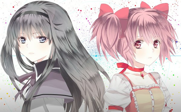 Anime picture 1200x742 with mahou shoujo madoka magica shaft (studio) akemi homura kaname madoka chirosuke (artist) long hair short hair black hair red eyes wide image twintails multiple girls pink hair black eyes short twintails girl bow 2 girls hair bow choker