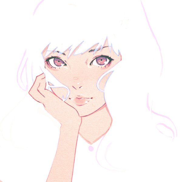 Anime picture 1080x1080 with original ilya kuvshinov single long hair looking at viewer fringe simple background white background white hair pink eyes light smile lips portrait eyebrows hand on face hand on cheek albino blending girl
