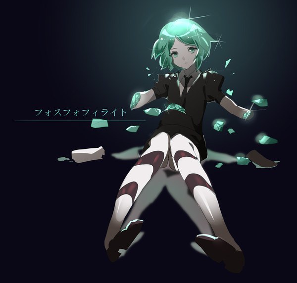Anime picture 900x859 with houseki no kuni phosphophyllite bxr single looking at viewer short hair simple background sitting green eyes full body green hair sparkle puffy sleeves character names black background androgynous spoilers amputee necktie