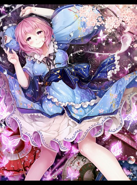 Anime picture 781x1050 with touhou saigyouji yuyuko ninjinshiru single tall image looking at viewer blush short hair smile signed pink hair lying traditional clothes japanese clothes pink eyes on back cherry blossoms letterboxed girl plant (plants)