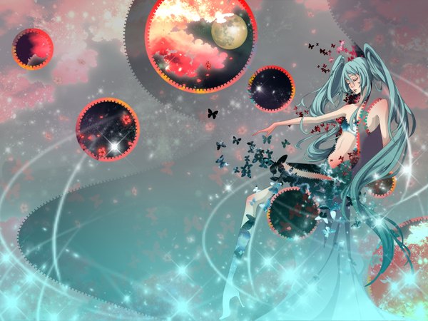 Anime picture 1600x1200 with vocaloid hatsune miku jhon long hair highres twintails eyes closed very long hair aqua hair high heels flat chest long legs girl shoes boots insect butterfly moon full moon zipper