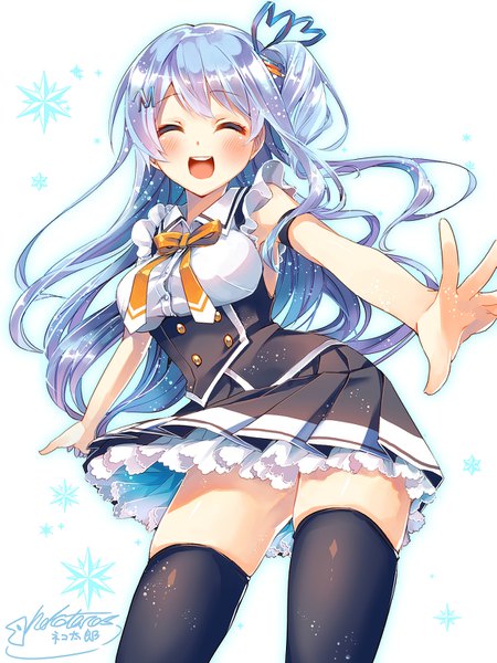 Anime picture 1125x1500 with original emori miku project emori miku shinonome neko-tarou single long hair tall image fringe open mouth simple background standing white background signed blue hair eyes closed pleated skirt teeth zettai ryouiki sleeveless floating hair