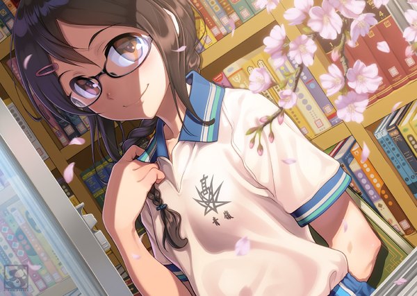 Anime picture 1404x1000 with original pairan single long hair looking at viewer black hair brown eyes braid (braids) girl uniform flower (flowers) school uniform petals glasses book (books)