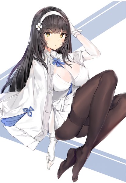 Anime picture 1250x1810 with girls frontline type 95 (girls frontline) silver (chenwen) single long hair tall image looking at viewer blush fringe breasts light erotic black hair simple background large breasts yellow eyes cleavage bent knee (knees) blunt bangs arm up no shoes