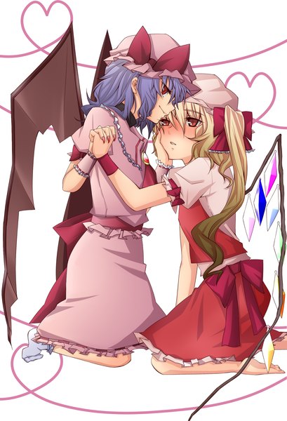 Anime picture 1683x2467 with touhou flandre scarlet remilia scarlet shinsei (easycross1226) tall image blush short hair simple background blonde hair red eyes white background multiple girls blue hair shoujo ai girl dress skirt bow 2 girls wings