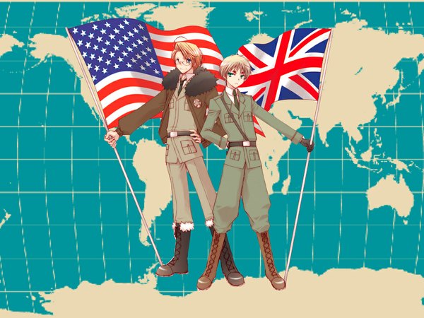 Anime picture 1024x768 with axis powers hetalia studio deen united kingdom (hetalia) america (hetalia) short hair blonde hair standing holding multiple boys boy uniform glasses 2 boys military uniform flag map american flag british flag