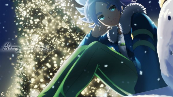 Anime picture 1920x1080 with inazuma eleven inazuma eleven go fubuki shirou erian single highres short hair blue eyes smile wide image sitting signed blue hair looking away from below wallpaper snowing christmas winter snow