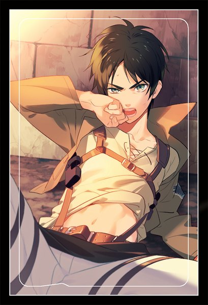 Anime picture 603x884 with shingeki no kyojin production i.g eren yaeger jumping dogeza single tall image short hair open mouth brown hair aqua eyes bare belly eyebrows reclining framed hand on face boy navel jacket suspenders fist