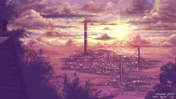 Anime picture 1920x1080 with vocaloid hatsune miku yuko-san single long hair highres wide image standing twintails looking away sky cloud (clouds) city watermark evening sunset cityscape silhouette girl building (buildings)