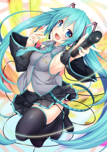 Anime picture 2507x3541 with vocaloid hatsune miku wakagi repa single tall image blush highres open mouth blue eyes twintails very long hair aqua hair girl skirt hair ornament detached sleeves miniskirt boots thigh boots microphone