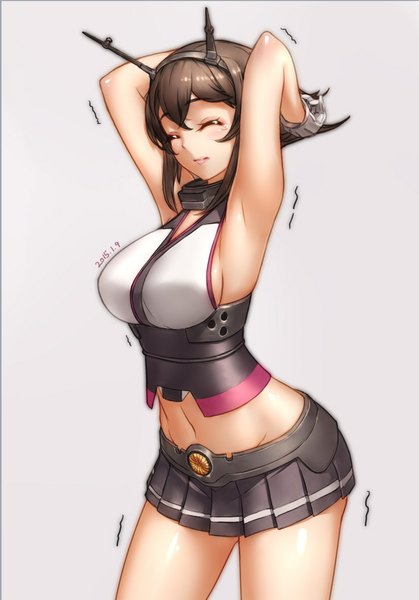Anime picture 827x1184 with kantai collection mutsu battleship qingmingtongzi single tall image blush fringe short hair breasts light erotic simple background brown hair large breasts eyes closed grey background bare belly armpit (armpits) dated arms behind head girl