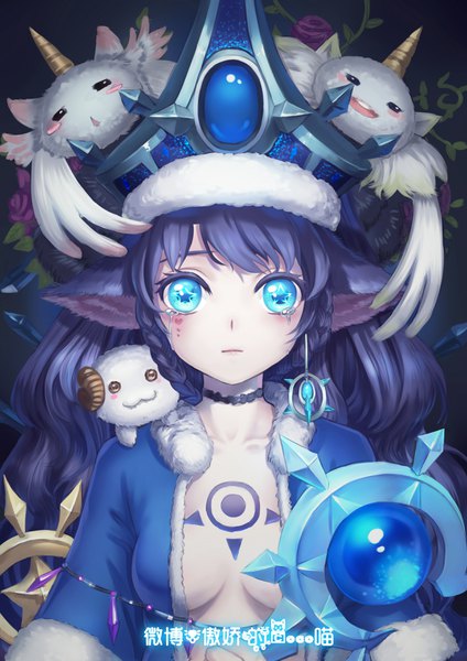 Anime picture 2480x3507 with league of legends lulu (league of legends) poro (league of legends) destincelly long hair tall image looking at viewer blush fringe highres breasts blue eyes light erotic animal ears payot purple hair upper body braid (braids) no bra tattoo