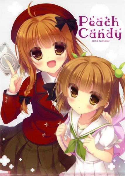 Anime picture 2588x3633 with fantasista doll uno uzume uno miko yukie (peach candy) long hair tall image looking at viewer blush highres short hair open mouth brown hair multiple girls brown eyes scan girl uniform hair ornament 2 girls school uniform