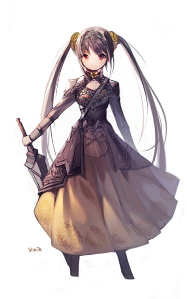 Anime picture 700x1117 with original sorolp single long hair tall image blush fringe simple background red eyes brown hair standing white background twintails looking away girl dress weapon sword armor bag