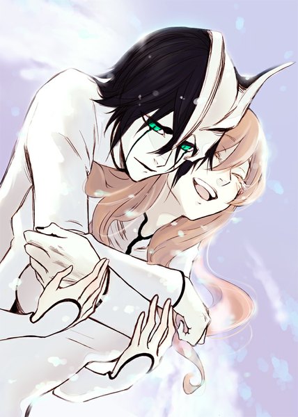 Anime picture 758x1063 with bleach studio pierrot inoue orihime ulquiorra schiffer 109 (artist) long hair tall image short hair black hair simple background smile green eyes eyes closed light smile orange hair couple hug holding hands happy purple background