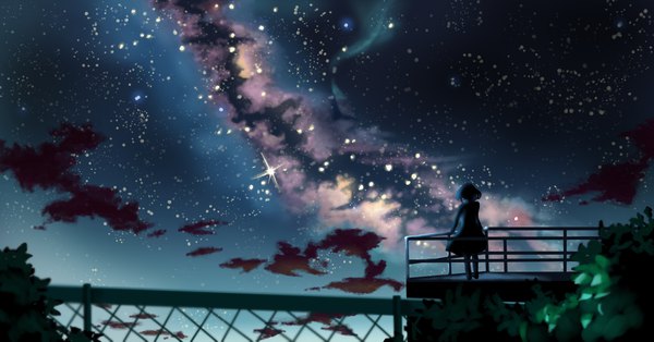 Anime picture 4096x2150 with original minausa single highres wide image absurdres full body night night sky silhouette milky way girl star (stars)