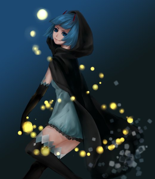 Anime picture 2953x3403 with japanda single tall image highres short hair blue eyes blue hair light smile girl thighhighs dress gloves black thighhighs black gloves elbow gloves hood