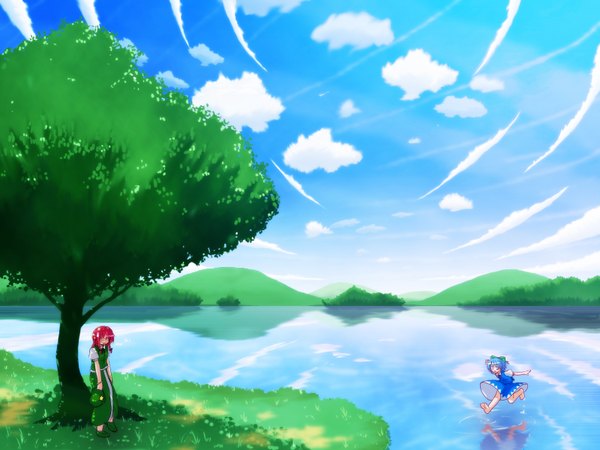 Anime picture 1600x1200 with touhou cirno hong meiling sky girl plant (plants) water grass