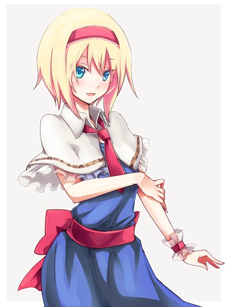 Anime picture 743x1000 with touhou alice margatroid shirofox (artist) single tall image blush short hair open mouth blue eyes blonde hair simple background smile girl dress necktie frills hairband mantle