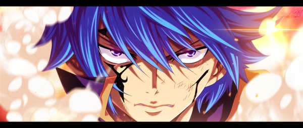 Anime picture 1500x634 with fairy tail jellal fernandes eroishi single short hair wide image blue hair pink eyes sunlight tattoo coloring facial mark close-up smoke face boy blood sun