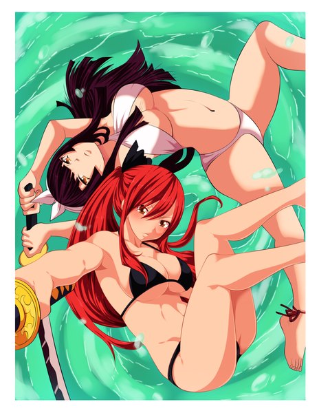 Anime picture 2961x3827 with fairy tail erza scarlet mikazuchi kagura tongasart eikens long hair tall image blush highres light erotic multiple girls brown eyes purple hair ponytail red hair armpit (armpits) midriff coloring framed girl