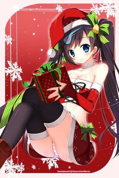 Anime picture 1000x1500 with original kaho okashii single long hair tall image blush blue eyes light erotic black hair smile twintails pantyshot fur trim christmas pantyshot sitting girl thighhighs skirt underwear panties