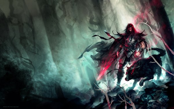 Anime picture 1600x1000 with original perzo long hair black hair wide image red hair pink eyes multicolored hair two-tone hair glowing glowing eye (eyes) fantasy boy weapon plant (plants) animal sword tree (trees) cloak forest