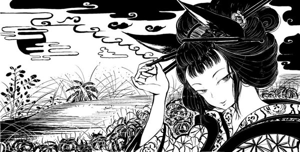 Anime picture 973x494 with original batta (kanzume quality) single long hair looking at viewer fringe black hair wide image animal ears sky cloud (clouds) traditional clothes japanese clothes hair flower light smile wide sleeves fox ears monochrome girl hair ornament