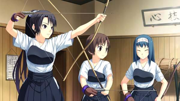 Anime picture 1024x576 with suigetsu 2 long hair short hair black hair brown hair wide image purple eyes multiple girls brown eyes blue hair game cg ponytail eyes closed girl 3 girls bow (weapon)