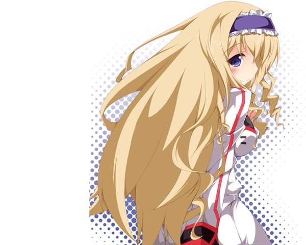 Anime picture 1280x1024 with infinite stratos 8bit cecilia orcott single long hair looking at viewer blush blonde hair smile purple eyes drill hair finger to mouth girl uniform school uniform hairband