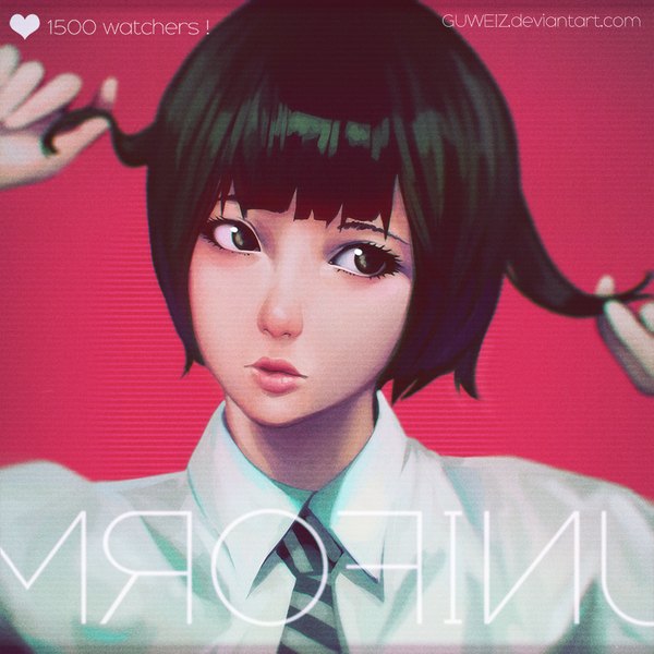 Anime picture 900x900 with guweiz single fringe short hair simple background green eyes looking away green hair lips realistic inscription red background girl shirt necktie white shirt