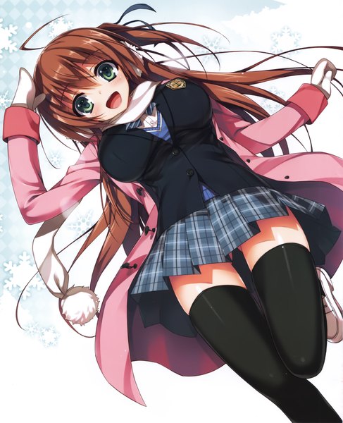 Anime picture 3500x4305 with original tomose shunsaku single long hair tall image looking at viewer blush highres open mouth blue eyes light erotic brown hair absurdres scan zettai ryouiki ass visible through thighs girl thighhighs skirt uniform