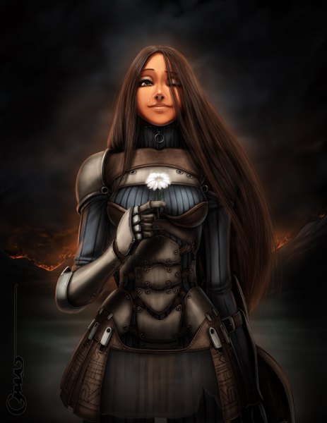 Anime picture 1931x2500 with original girl 7 (artbook) omar-dogan single long hair tall image highres brown hair brown eyes one eye closed lips wink night sky tears mountain lava girl flower (flowers) armor