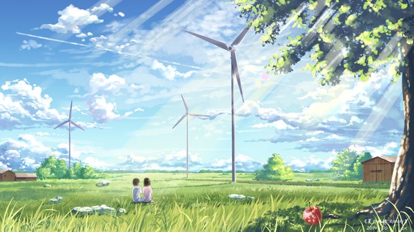 Anime picture 1920x1080 with original yuko-san highres wide image signed sky cloud (clouds) sunlight landscape sunbeam scenic girl boy plant (plants) tree (trees) building (buildings) grass fruit fence apple