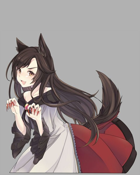 Anime picture 800x1000 with touhou imaizumi kagerou hagihara asami single long hair tall image looking at viewer open mouth black hair simple background bare shoulders animal ears tail animal tail fingernails grey background teeth fang (fangs) long fingernails wolf ears