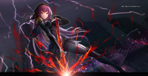 Anime picture 2091x1080 with fate (series) fate/grand order scathach (fate) (all) scathach (fate) wangchuan de quanyan single long hair fringe highres light erotic red eyes wide image sky purple hair parted lips blurry :o from below dark background lightning