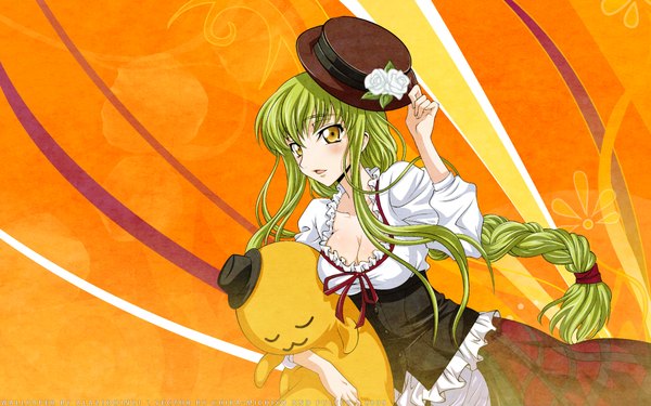 Anime picture 1920x1200 with code geass sunrise (studio) c.c. cheese-kun single long hair fringe highres breasts simple background wide image holding yellow eyes payot cleavage braid (braids) green hair single braid alternate hairstyle girl