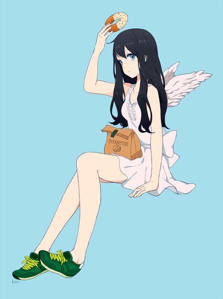 Anime picture 746x1000 with original kise (swimmt) single long hair tall image looking at viewer blue eyes black hair simple background sitting blue background girl dress wings food shoes sundress doughnut