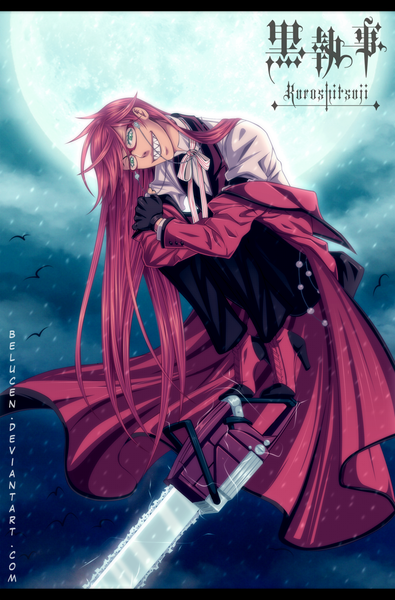 Anime picture 731x1111 with kuroshitsuji a-1 pictures grell sutcliff belucen long hair tall image fringe smile red hair inscription night teeth high heels coloring flying crazy smile gloves ribbon (ribbons) weapon animal